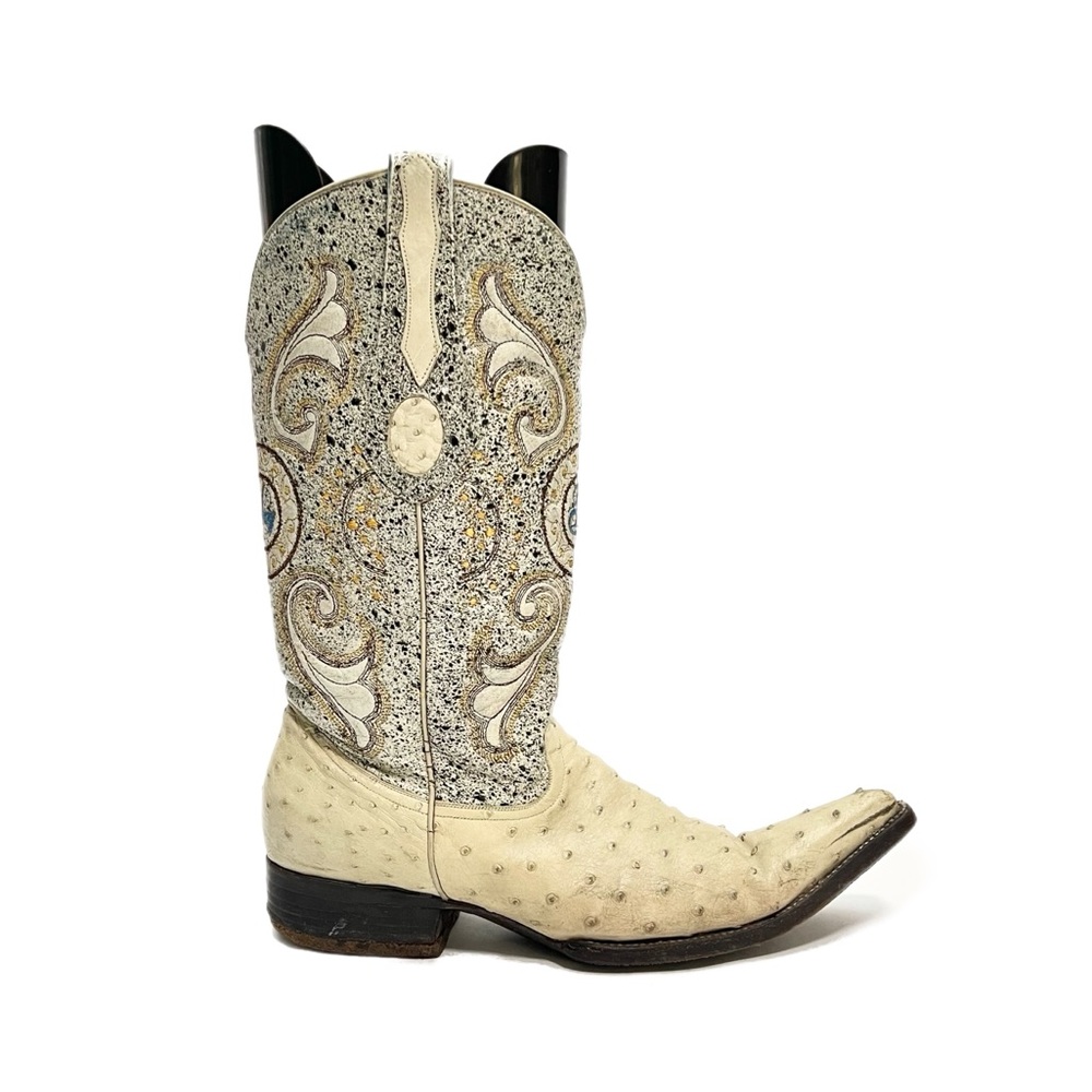 Vintage 1990s ivory ostrich leather embroidered inlay Mexican pointy boots